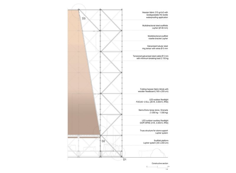 Construction section detail showing the layered assembly of a sloped facade with steel framing