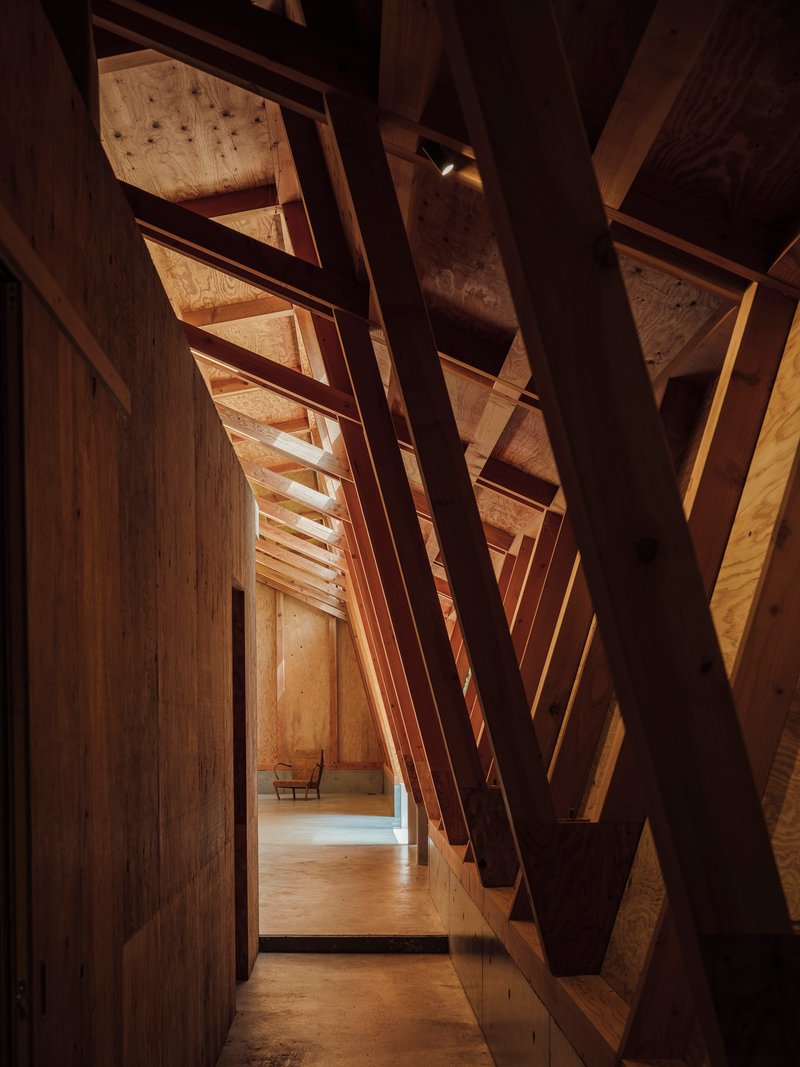 Narrow corridor between plywood-clad walls lit by warm light filtering through the diagonal timber structure