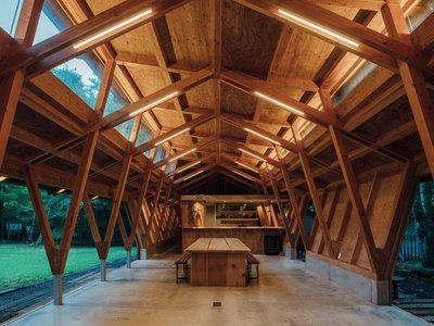 Three Roofs Timber Hall by OOTT in Karuizawa