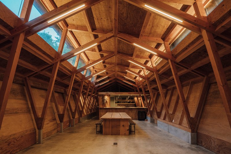 Interior perspective showing repeating diagonal timber frames and ridge skylights above the central gathering space