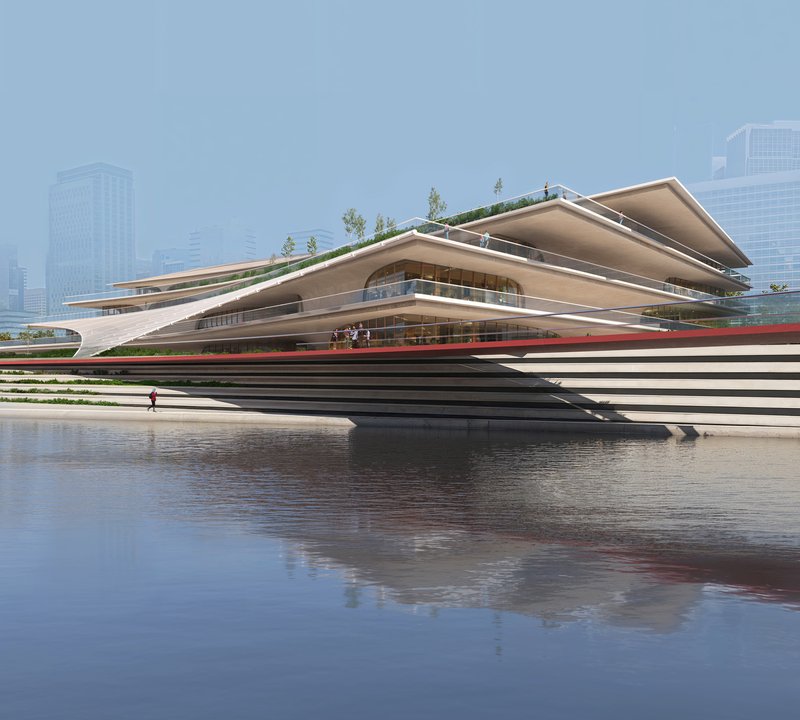Terraced waterfront facade with layered horizontal planes and roof gardens reflected in still water