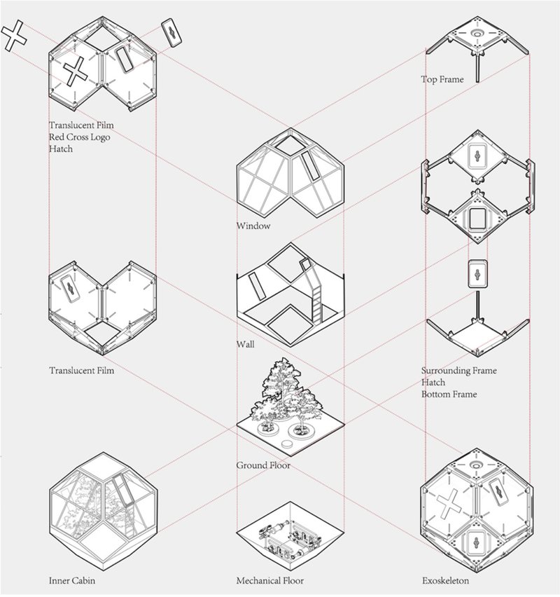 Exploded axonometric reveals prefabricated modular unit system with layered structure, envelope, and mechanical integration.