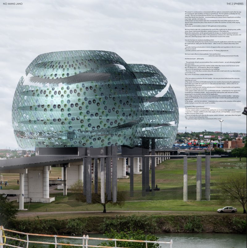 Twin spheres rise as a symbolic gateway between past and future.