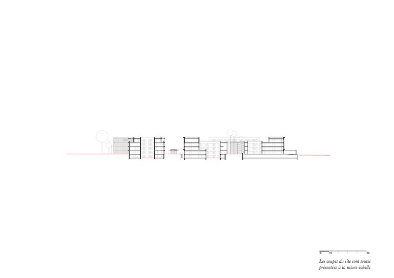 Section drawing showing multiple building volumes of varying heights along a horizontal datum line