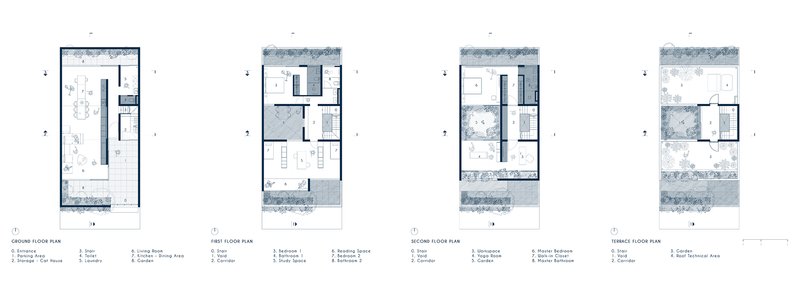 Four floor plan drawings displaying the progression from ground level parking through residential spaces to rooftop garden