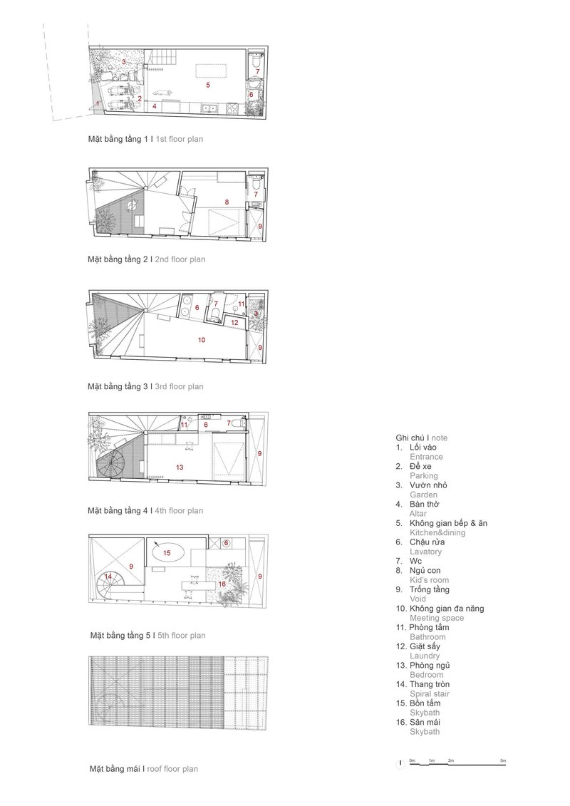 Floor plan drawings showing six levels with stairs and room layouts at different floors