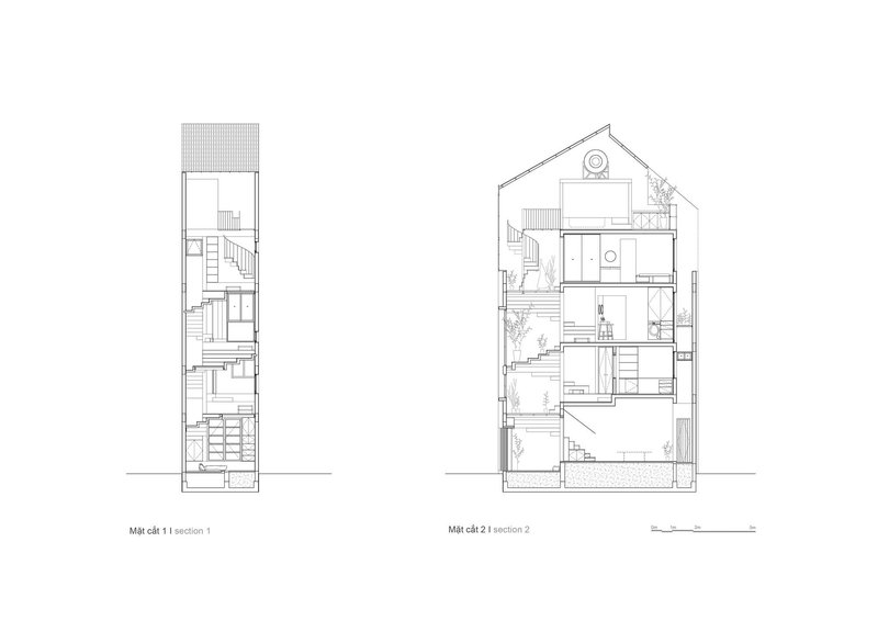 Section drawings revealing the internal stair layout and gabled roof profile across five floors