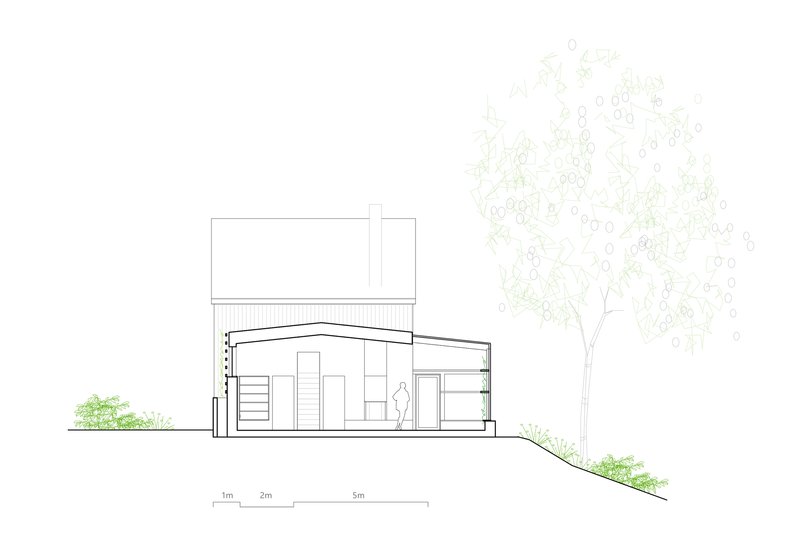 Section drawing showing sloped roof extension with stair and figure on sloping terrain