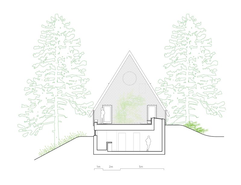 Section drawing showing triangular pitched roof volume with figure and surrounding trees