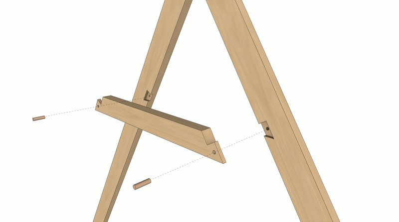 Axonometric detail of timber beam joinery with dowel connections at the apex