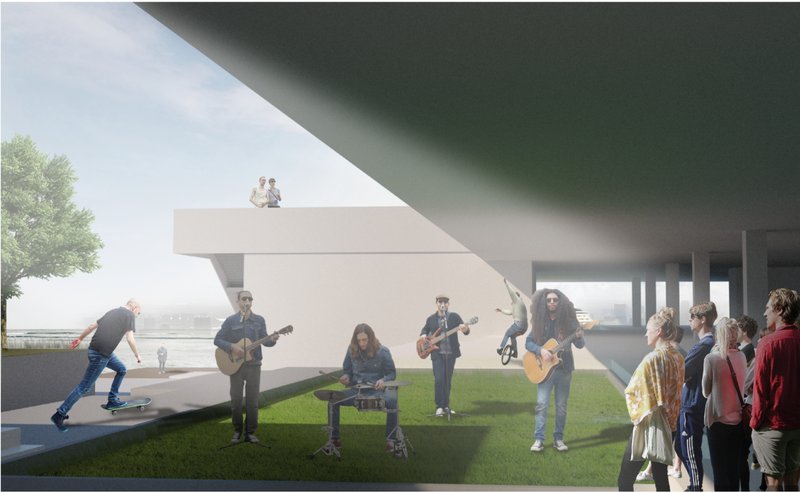 Public performance spaces activate the ground plane, blending everyday life with music and informal cultural expression.