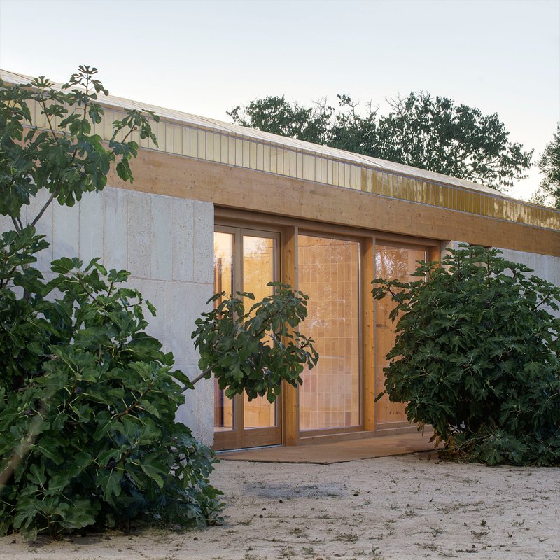 Exterior entrance with timber-framed sliding doors flanked by dense foliage at dusk