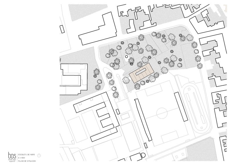 Site plan drawing depicting a landscaped plaza with trees and a central building near athletic fields