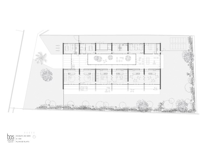 Floor plan drawing showing a series of classrooms flanking a central courtyard with planted trees