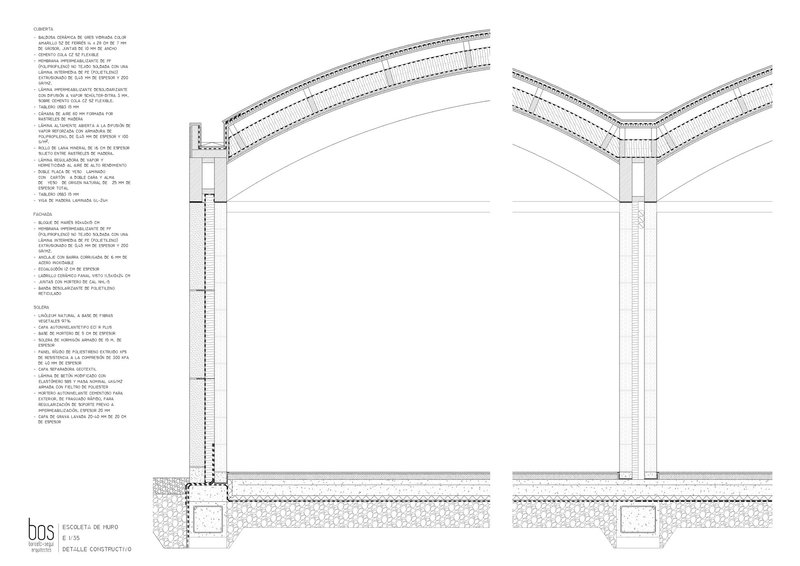 Construction detail drawing of the curved roof assembly and vertical column connection at ground level