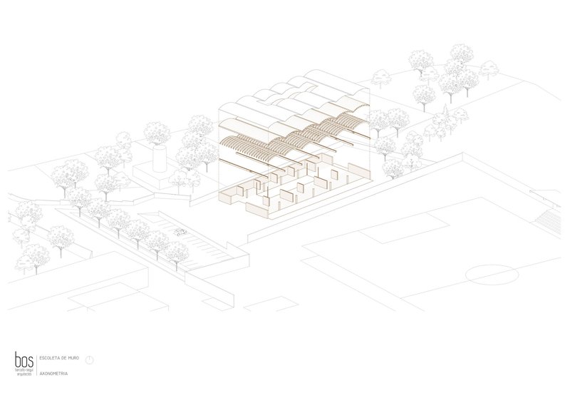 Axonometric drawing of the building complex with a sawtooth roof surrounded by trees