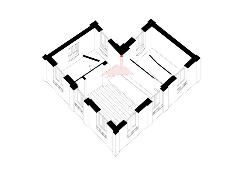 Axonometric drawing showing rooms arranged around a central courtyard with thick perimeter walls