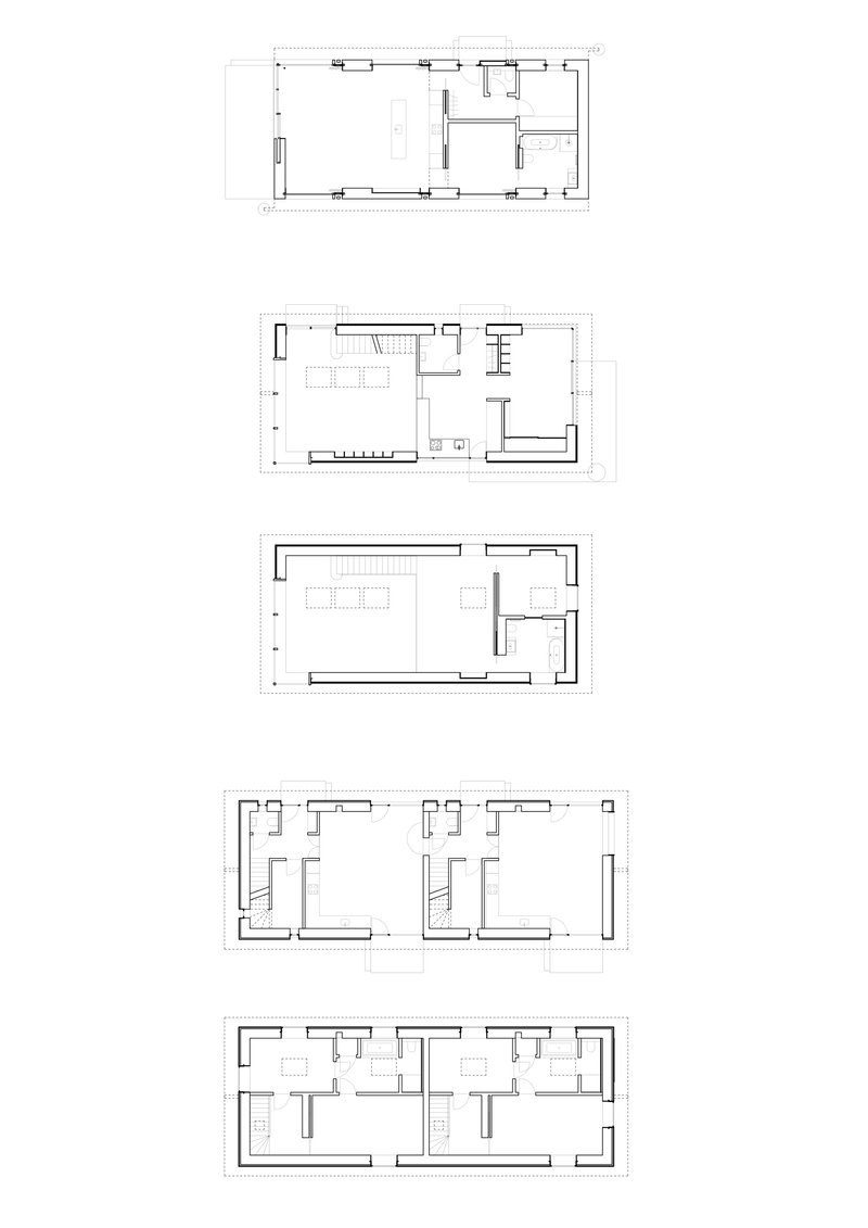 Floor plan drawings showing five different residential layouts with rooms, stairs, and partition walls