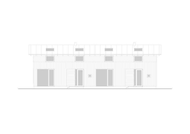 Elevation drawing of a rowhouse facade with four units featuring horizontal siding and dormers above