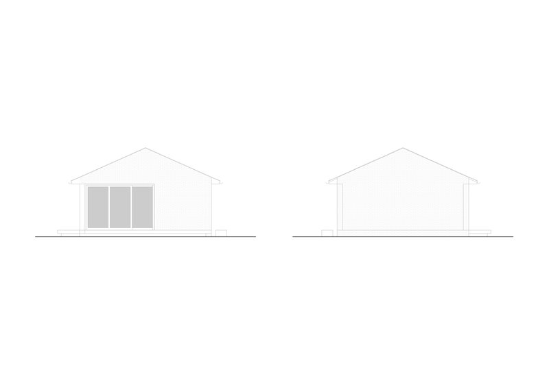 Elevation drawing showing front and side views of a gabled volume with a triple window