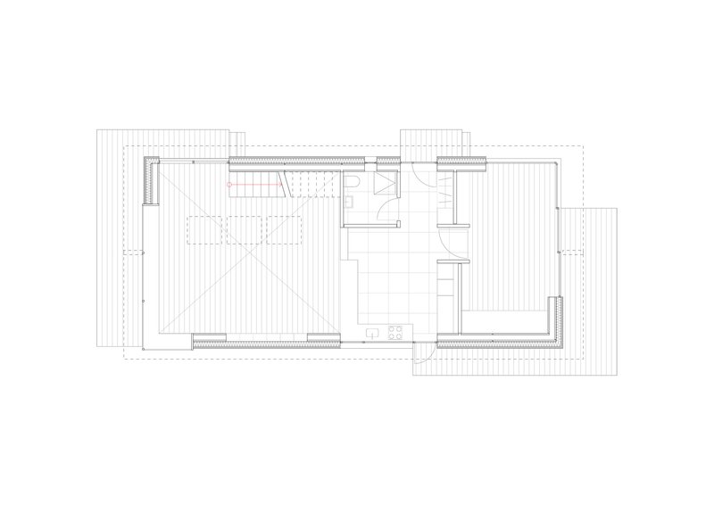 Floor plan drawing showing a compact unit with living area, kitchen, bathroom, and exterior deck