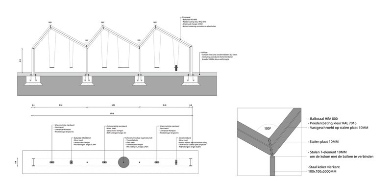 Construction detail drawings of steel column foundations and connection assemblies for gabled roof structures