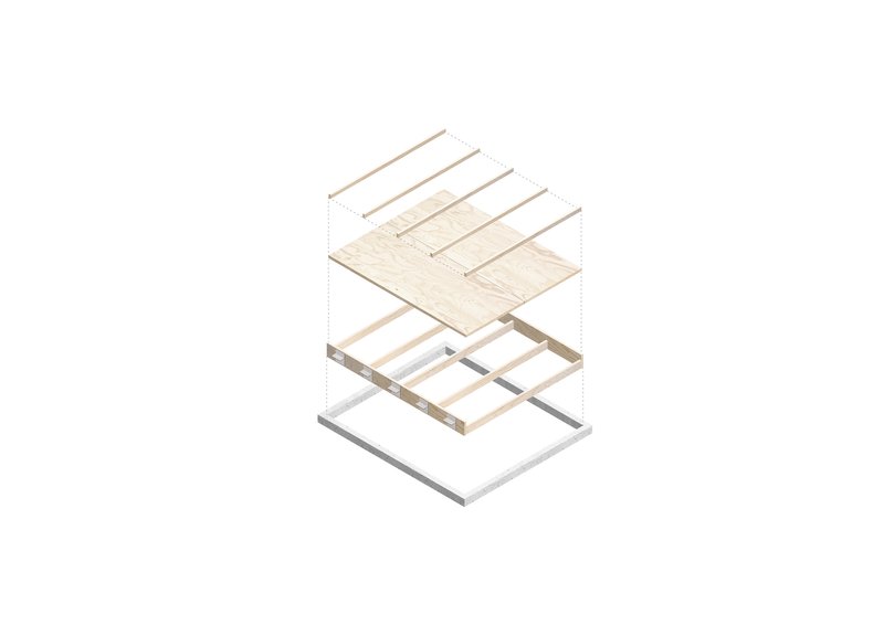 Exploded axonometric drawing illustrating layered timber flooring and structural beam assembly