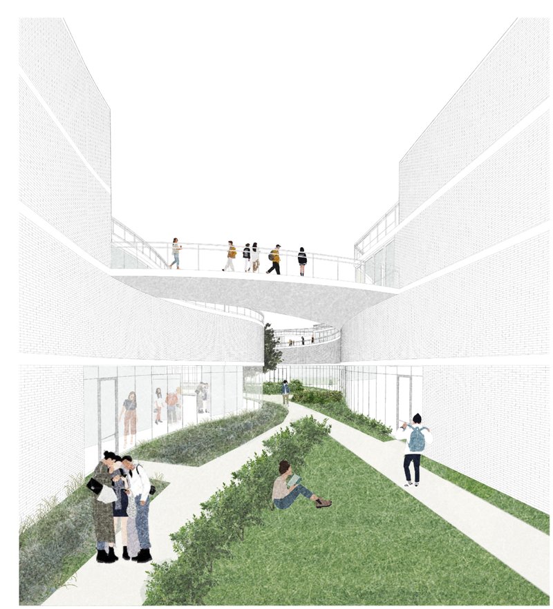 Curved pathways and open circulation create reflective learning environments that encourage interaction and well-being.