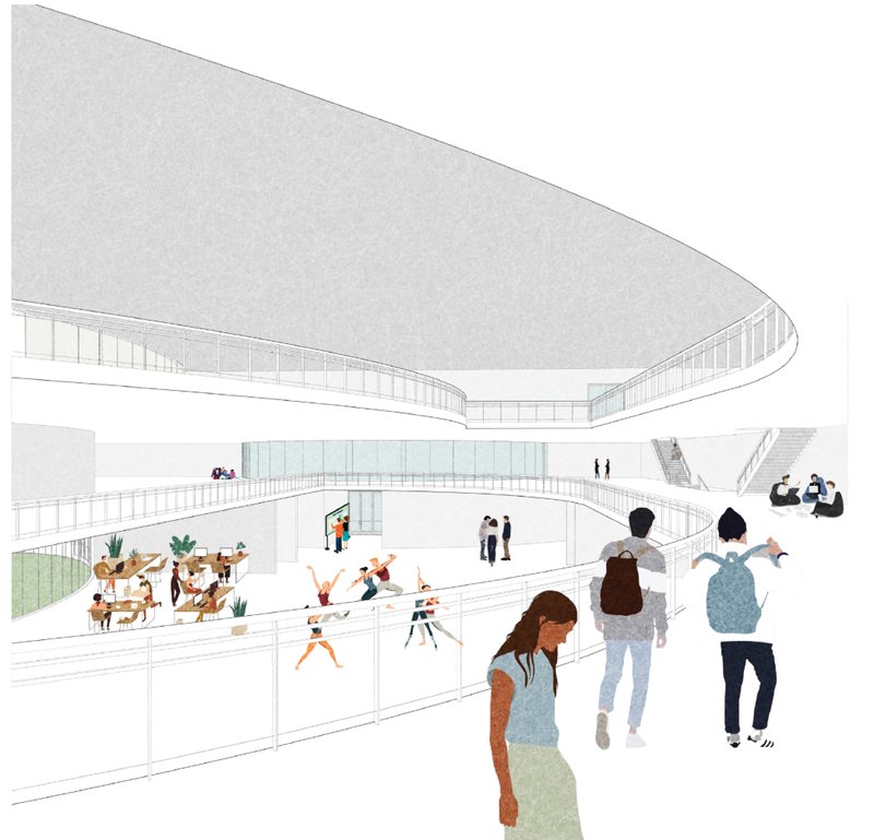 The central atrium transforms school architecture into a social and collaborative hub.