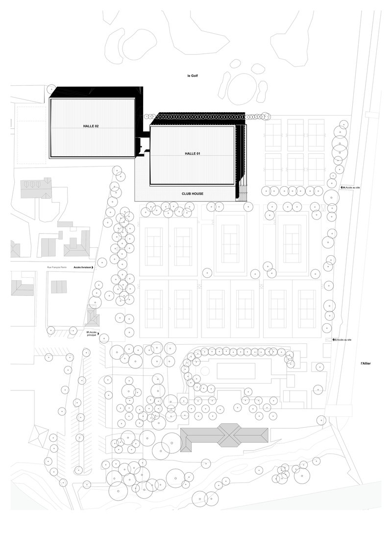 Site plan drawing showing two halls and surrounding tennis courts with tree clusters
