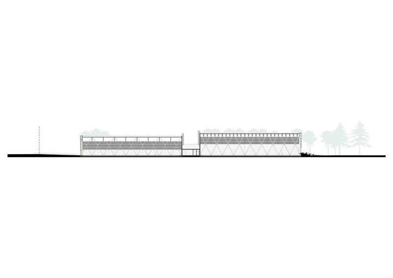 Elevation drawing showing two rectangular volumes with exposed structural framing and truss systems beneath a roofline