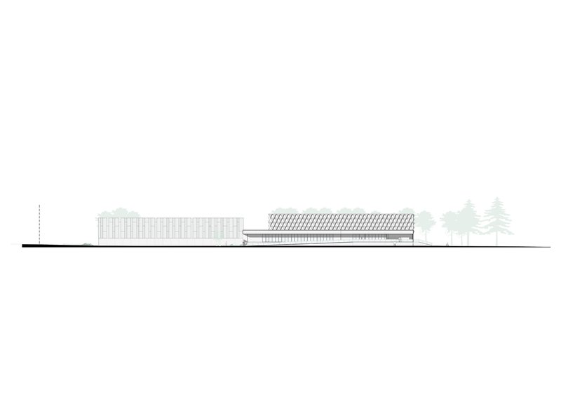 Elevation drawing showing two rectangular volumes with vertical and diagonal patterned roofing systems and perimeter trees