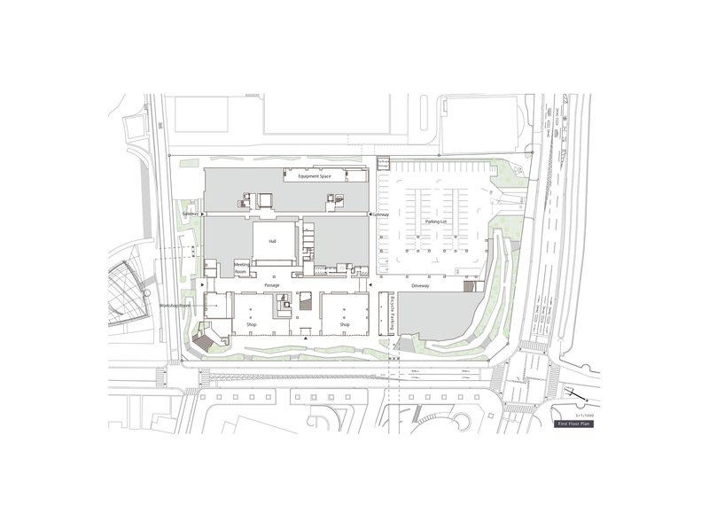 Ground floor plan drawing showing entrance hall and multipurpose spaces arranged around central courtyard