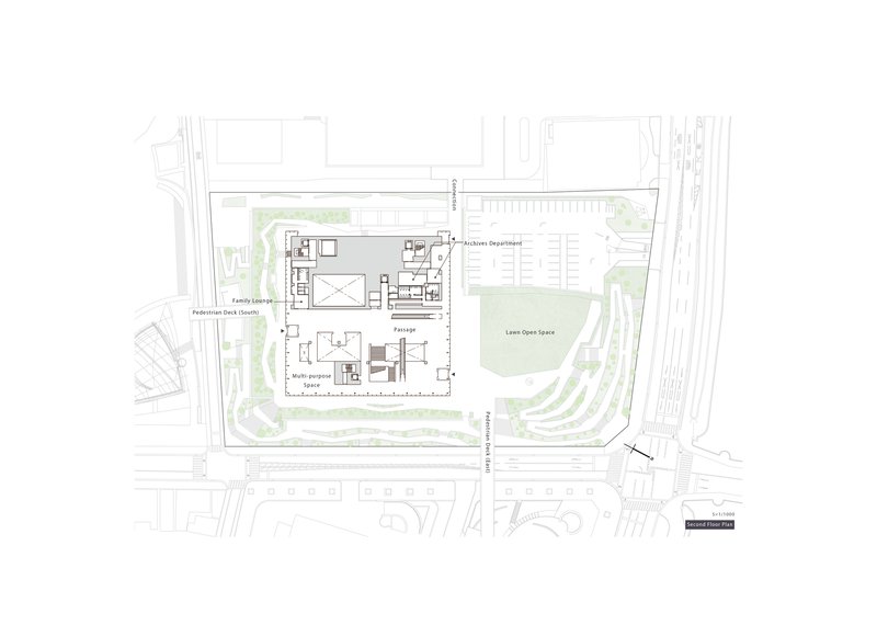First floor plan drawing depicting exhibition rooms and archive department around central void