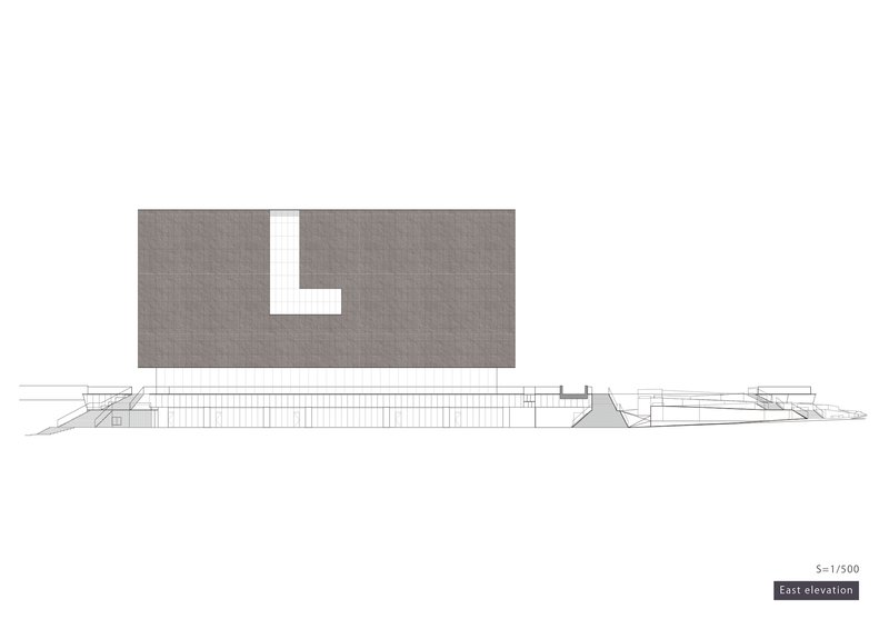 East elevation drawing showing a tall rectangular volume above a low horizontal base with stairs