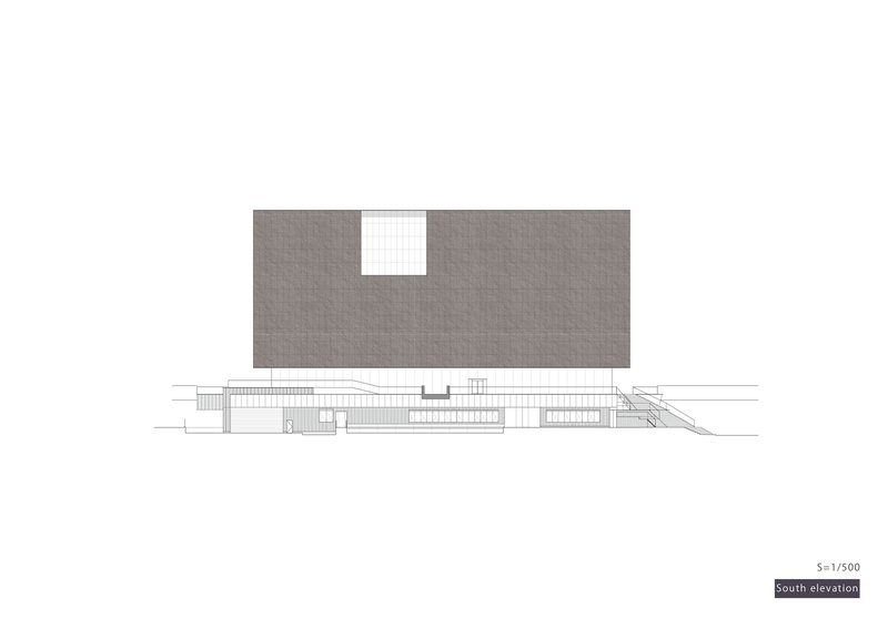 South elevation drawing depicting a gridded roof mass with a central void over a terraced plinth