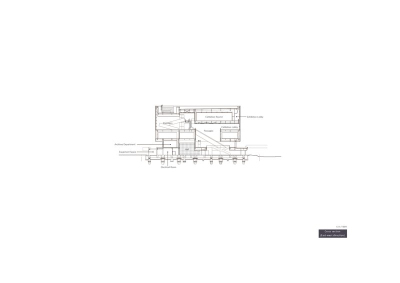 East-west section drawing revealing multiple interior levels with labeled exhibition and archive spaces