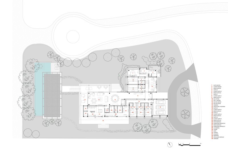 Site plan drawing showing the full compound with pool, multiple buildings, and surrounding landscape elements