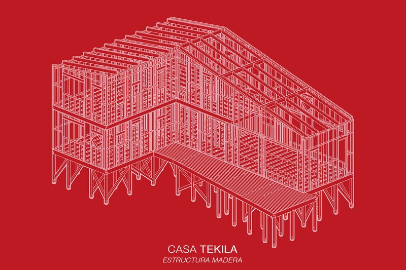 Axonometric drawing illustrating the timber frame structural system with exposed joists and diagonal bracing