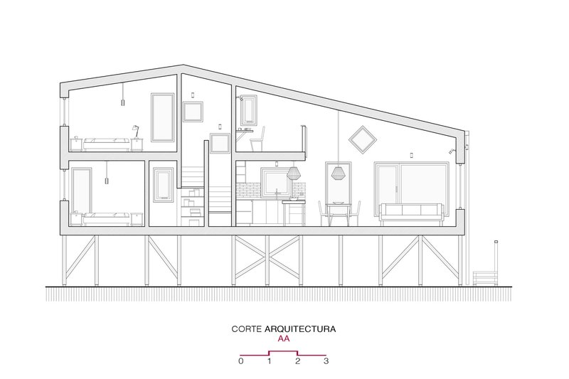 Section drawing showing the split-level interior arrangement on a raised timber platform with cross-braced supports