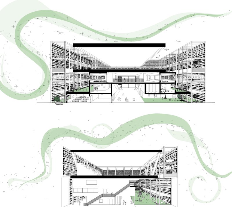 Sectional strategy integrating vertical ecosystems within a protective architectural envelope.