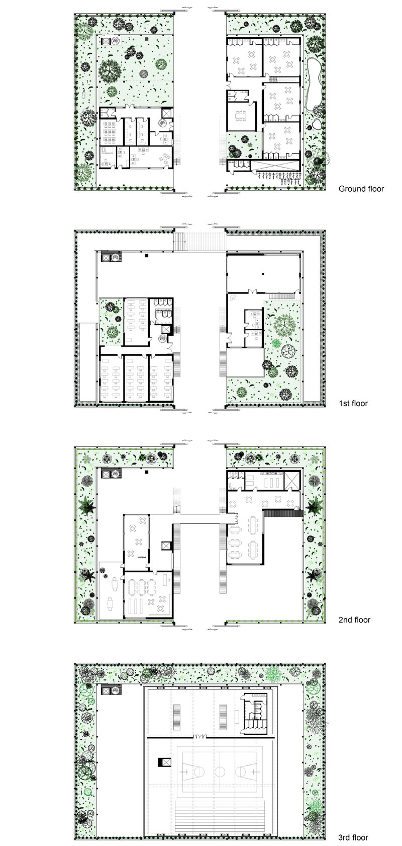 Layered spatial planning balancing learning, play, and immersive green environments across levels.