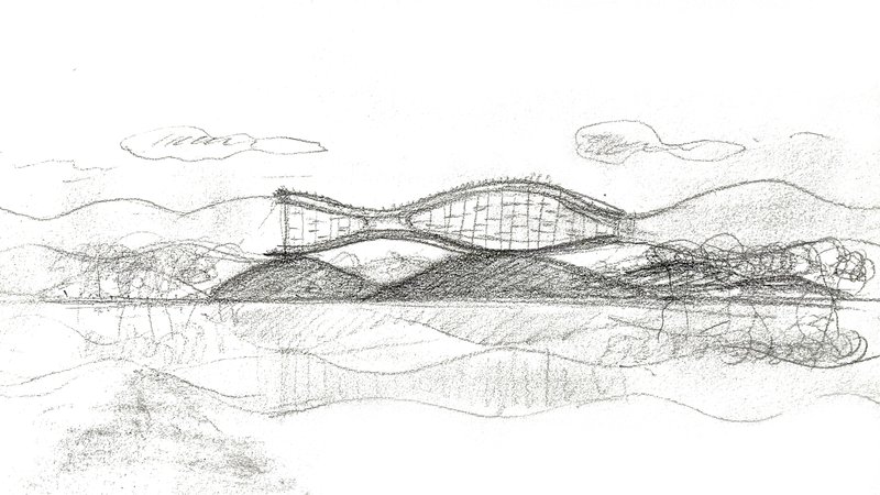 Perspective sketch showing a flowing roof canopy with trees and clouds in the landscape