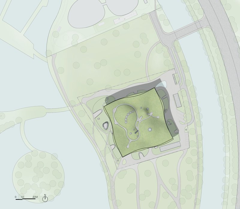Site plan drawing showing the building footprint surrounded by paths, waterways and landscape zones
