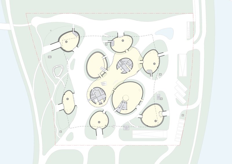 Roof plan drawing depicting circular skylights and domed forms distributed across the undulating surface