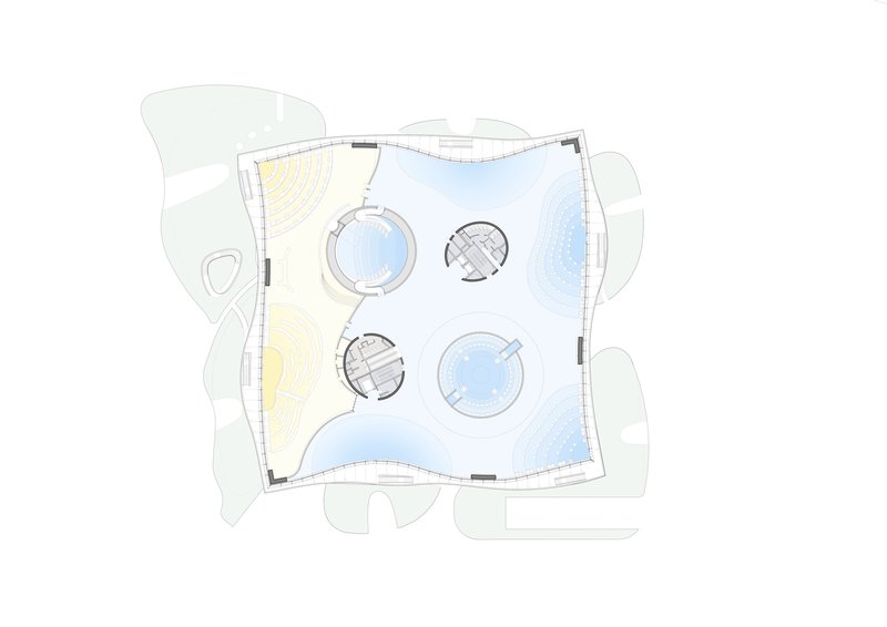 Floor plan drawing showing four circular interior spaces with gridded structural patterns and curved perimeter walls