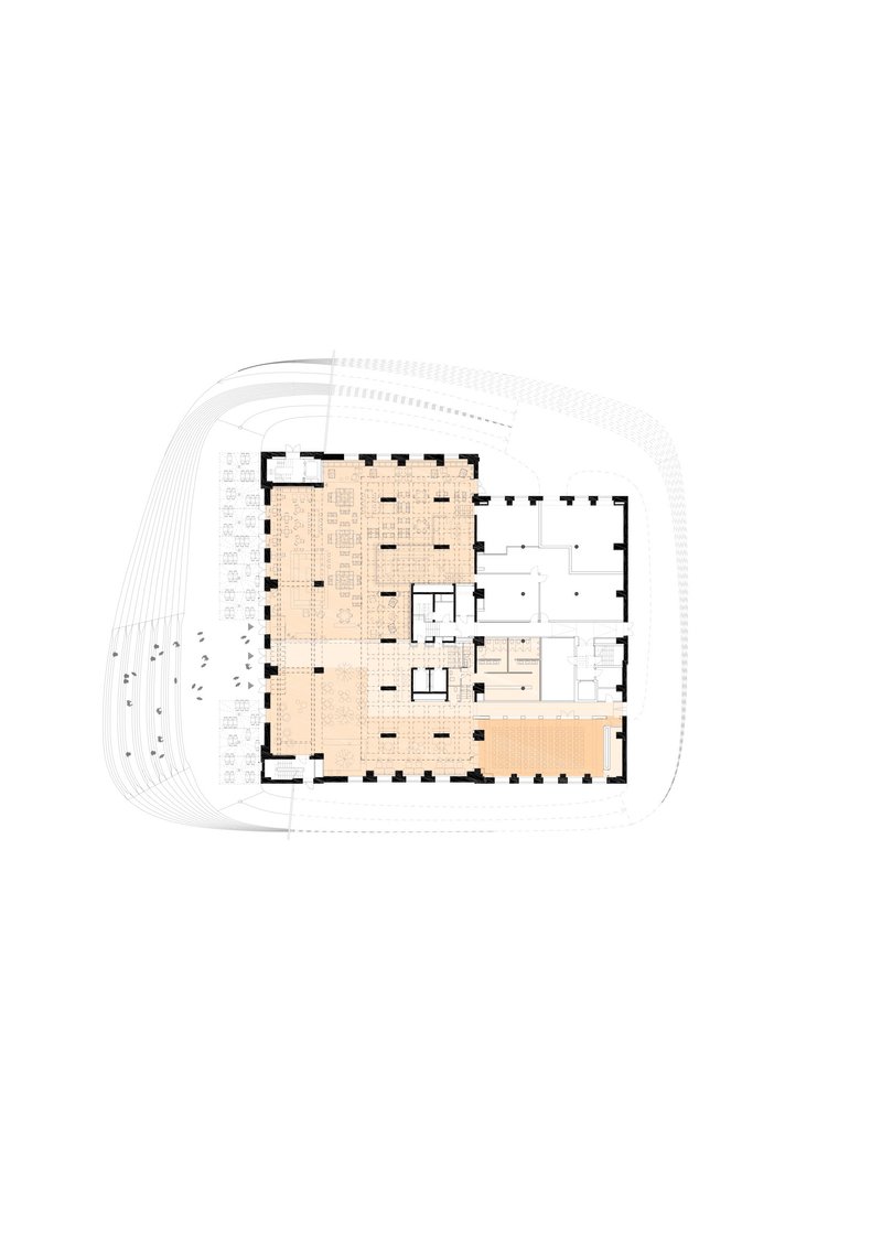 Floor plan drawing showing an open interior layout with column grid and enclosed rooms along one edge