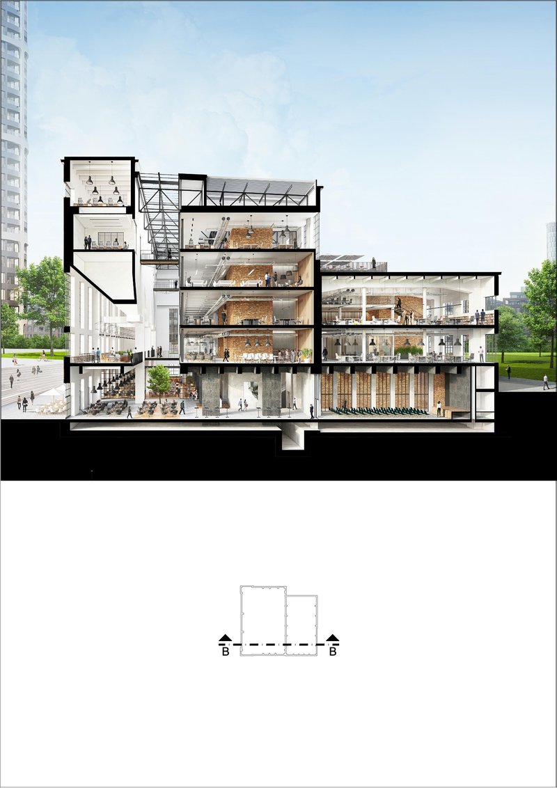 Section drawing revealing multiple floor levels with exposed timber structure and rooftop truss assembly