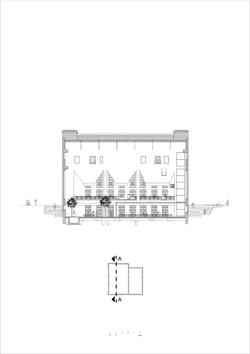 Section drawing showing a historic facade incorporated within a new enclosing structure with trees at ground level
