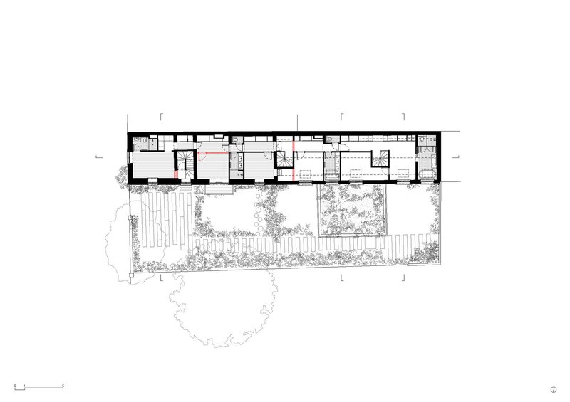 Ground floor plan drawing with circulation path highlighted in red through the interior rooms